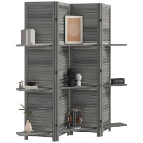 4 Panel 67" Tall Wood Room Separator Partition Wall Divider, Room Divider w/ 3 Display Shelves & Folding Storage for Bedroom Home Office, Gray